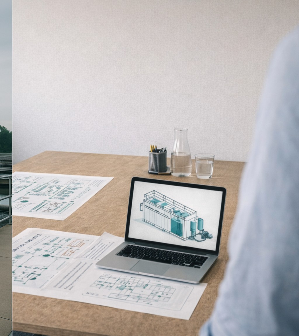 Design table with laptop and concept sketch